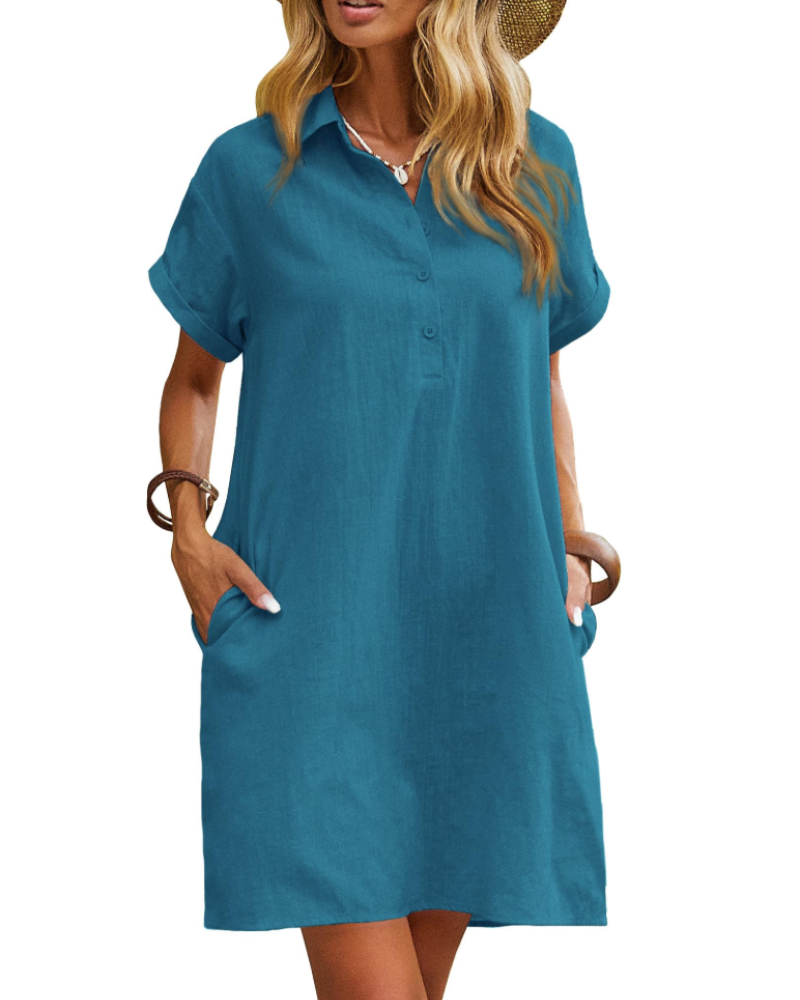 Raine Women's Dress Chemise – Mid-Length Linen Cotton Dress with V-Neck, Buttons, Pockets, Casual Chic Summer