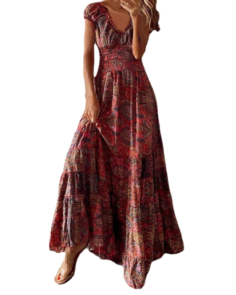 Cecilia Long Dress for Women – Elegant Summer Bohemian Floral V-Neck Sleeveless Flowing Fit Dress