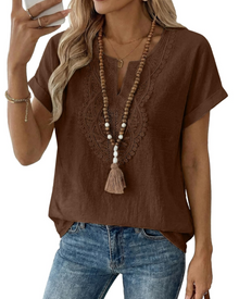 Aelina Women's Blouse – Bohemian V-Neck Top with Lace & Elegant Loose Fit