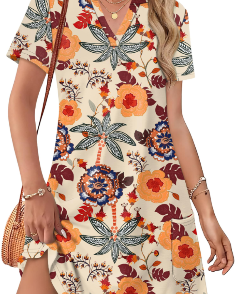 Women's Summer Sherry Dress – Elegant V-Neck Midi Dress, Flowing Bohemian Cut for Vacation & Wedding