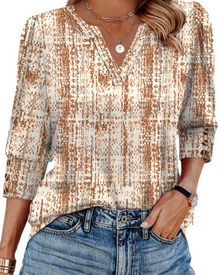 Zeline Women's Blouse – V-Neck Top with 3/4 Sleeves, Buttons & Business Casual Style