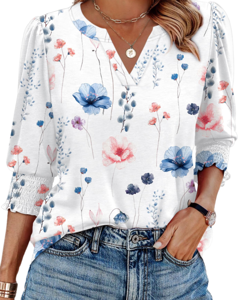 Veda Women's Blouse – Chic V-Neck Top with 3/4 Puff Sleeves & Smocked Cuffs