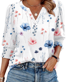 Veda Women's Blouse – Chic V-Neck Top with 3/4 Puff Sleeves & Smocked Cuffs
