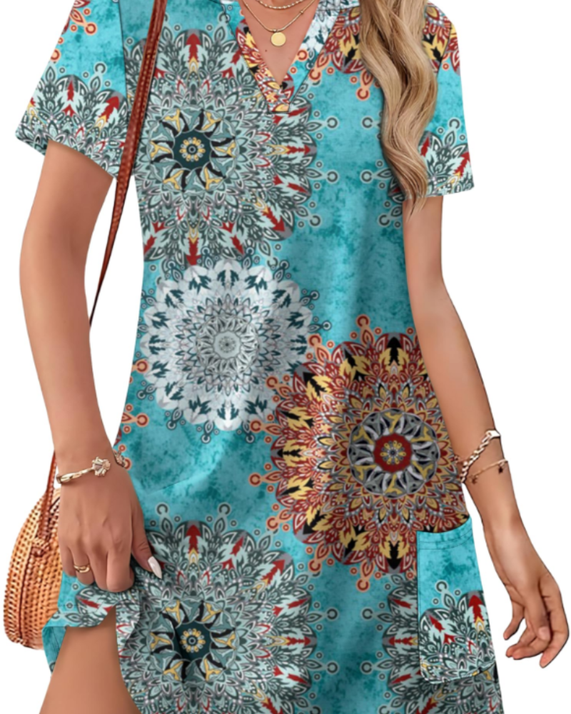 Women's Summer Sherry Dress – Elegant V-Neck Midi Dress, Flowing Bohemian Cut for Vacation & Wedding