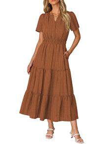 Ruma Women's Dress – V-Neck Short Sleeves, A-Line Maxi Cut & Elastic Waist with Pockets