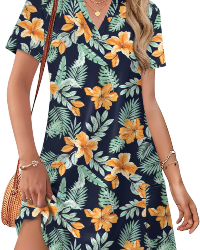 Women's Summer Sherry Dress – Elegant V-Neck Midi Dress, Flowing Bohemian Cut for Vacation & Wedding