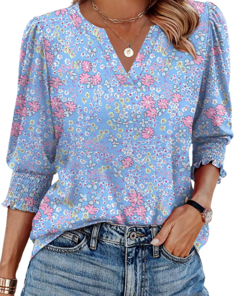 Veda Women's Blouse – Chic V-Neck Top with 3/4 Puff Sleeves & Smocked Cuffs