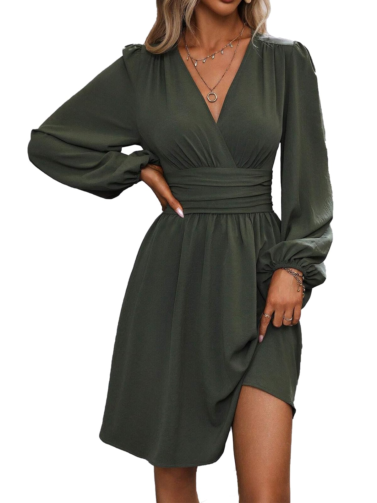 Luminelle Women's Dress – V-Neck Floral, Lantern Sleeves & Elegant A-Line Mini Cut