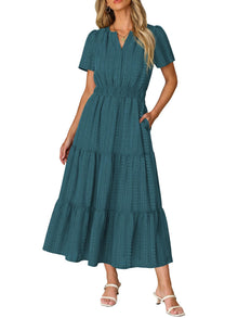 Ruma Women's Dress – V-Neck Short Sleeves, A-Line Maxi Cut & Elastic Waist with Pockets