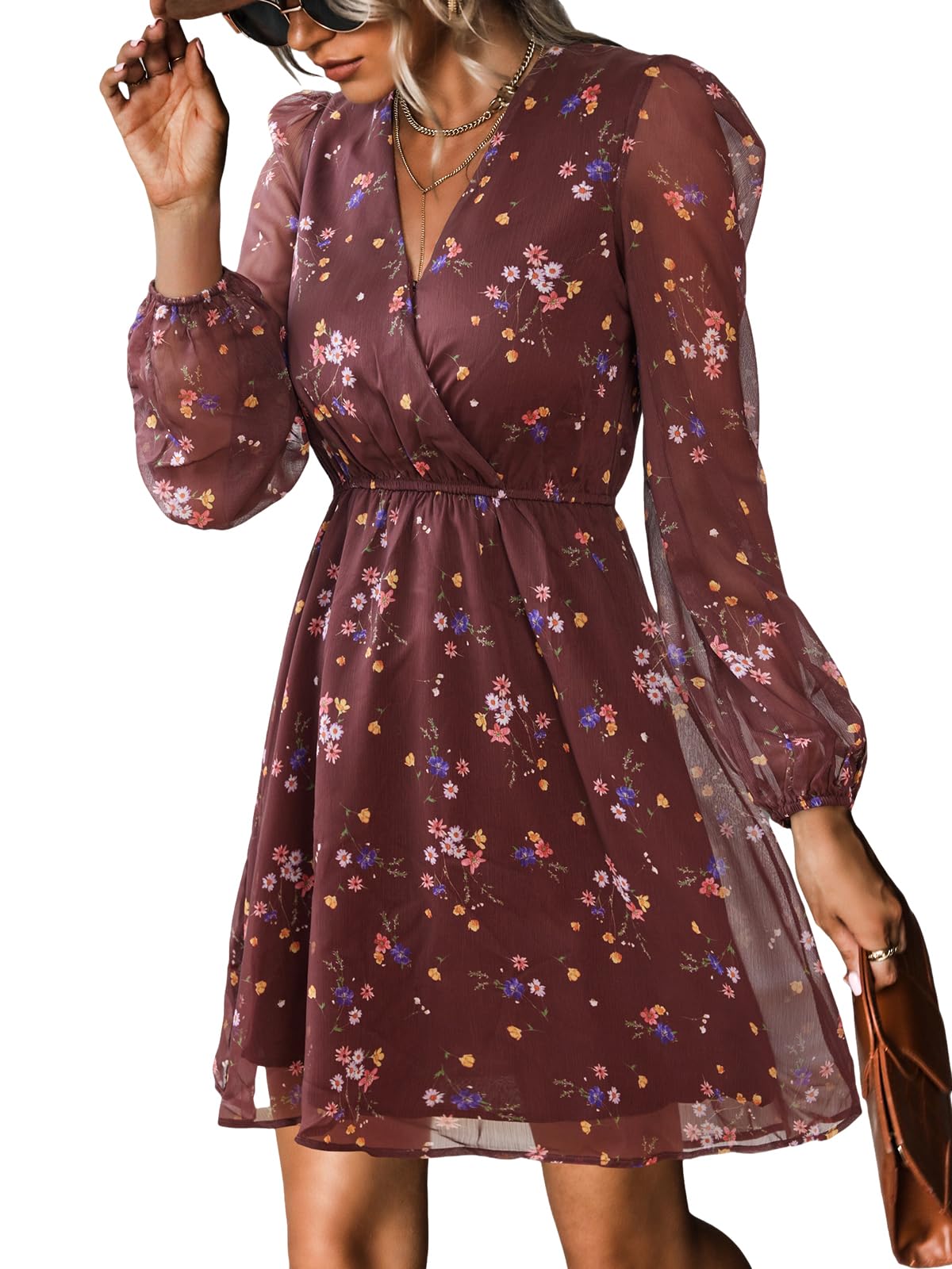Nerina Robe Cupshe Women – Floral V-Neck Wrap, Long Sleeves & Elegant Mini Cut