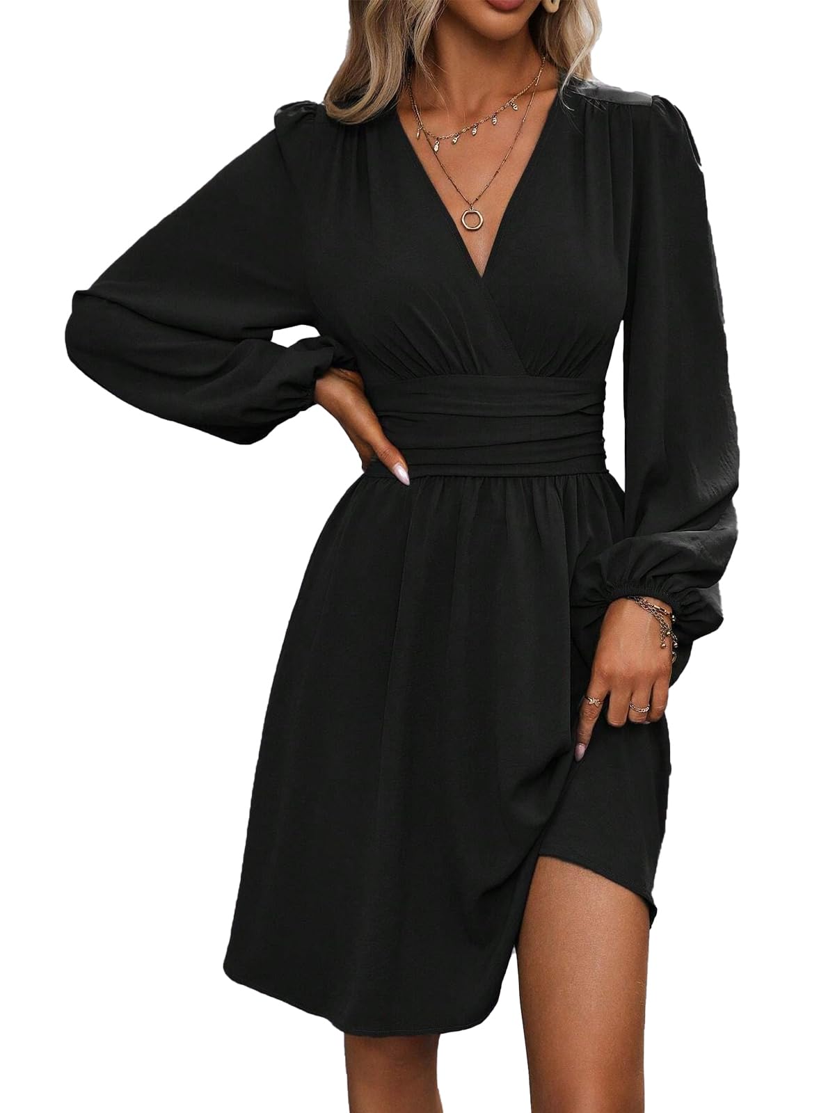 Luminelle Women's Dress – V-Neck Floral, Lantern Sleeves & Elegant A-Line Mini Cut