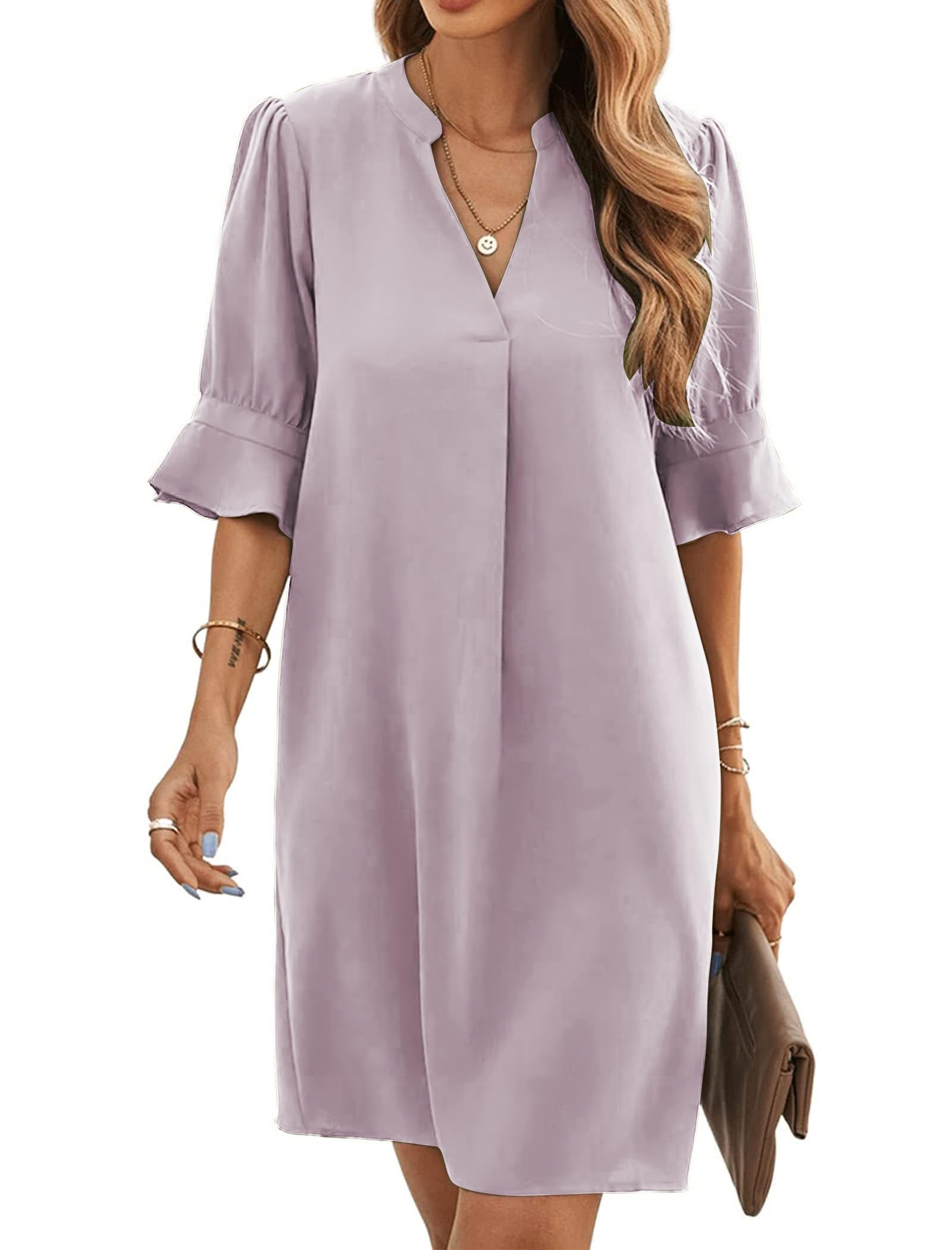 Bibiana Women's Dress – V-Neck Short Sleeves, Straight Cut Mini, Lightweight Solid Summer