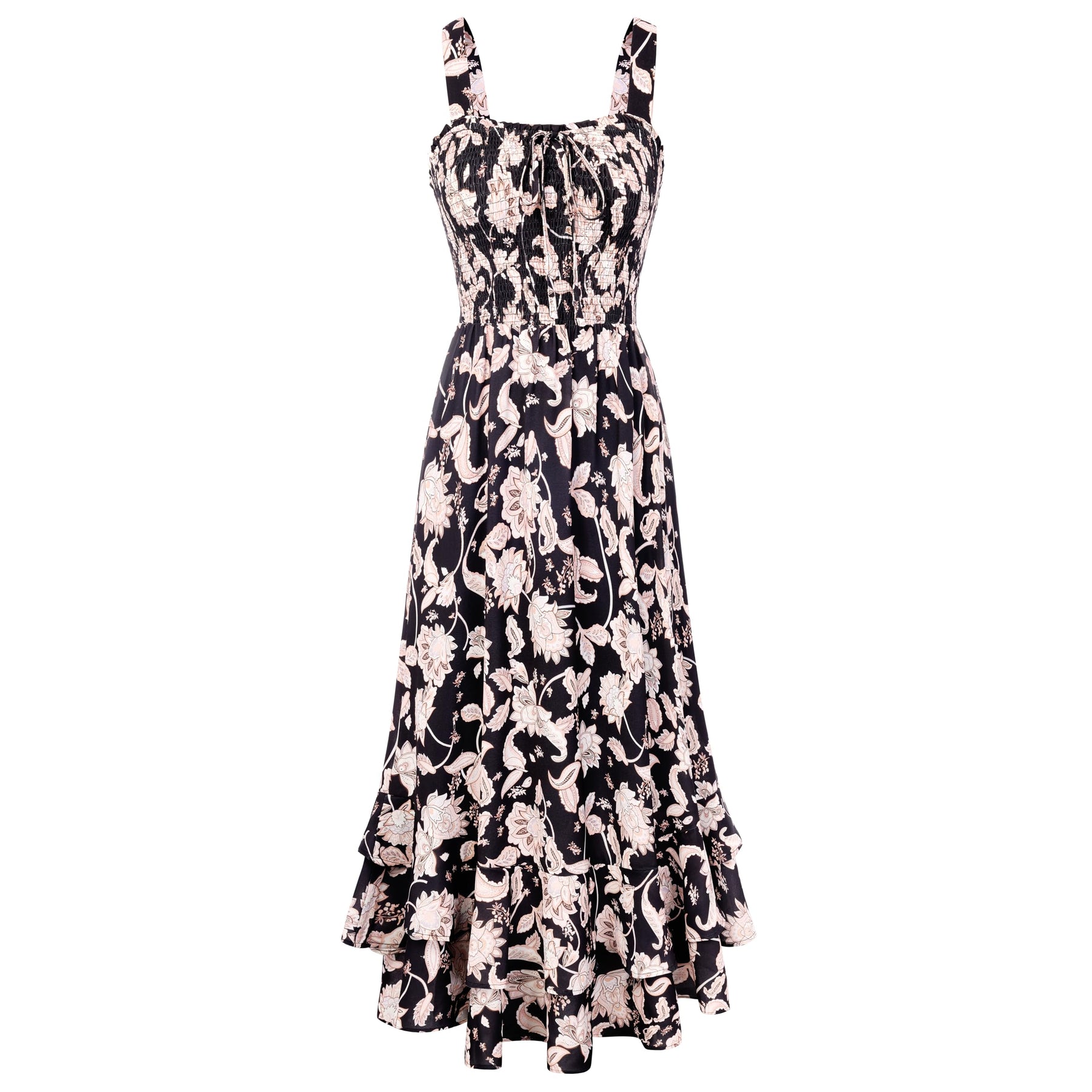 Mildred Women's Maxi Dress – Square Neck, Straps, Smocked A-Line Cut & Ruffled Hem Summer