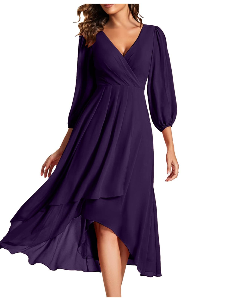 Haynie Women's Dress – Elegant Midi Dress with V-Neck, 3/4 Sleeves, Chic Flowing Cut, Summer