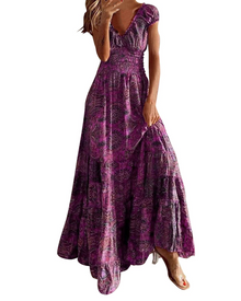 Cecilia Long Dress for Women – Elegant Summer Bohemian Floral V-Neck Sleeveless Flowing Fit Dress