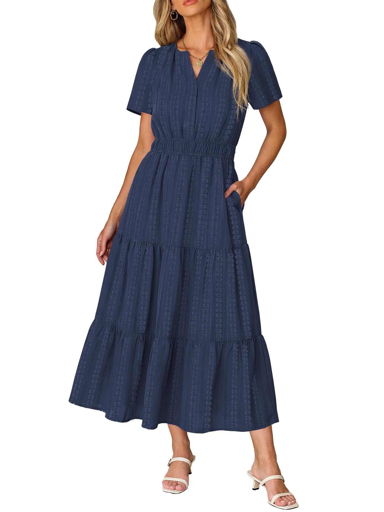 Ruma Women's Dress – V-Neck Short Sleeves, A-Line Maxi Cut & Elastic Waist with Pockets