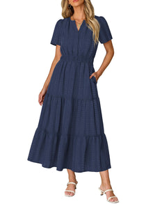Ruma Women's Dress – V-Neck Short Sleeves, A-Line Maxi Cut & Elastic Waist with Pockets
