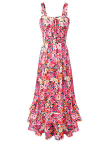 Mildred Women's Maxi Dress – Square Neck, Straps, Smocked A-Line Cut & Ruffled Hem Summer