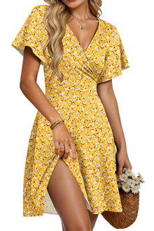 Mariselle Women's Dress – Floral V-Neck Wrap, Empire Waist & Pockets, A-Line Summer Cut