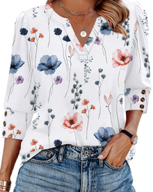 Zeline Women's Blouse – V-Neck Top with 3/4 Sleeves, Buttons & Business Casual Style
