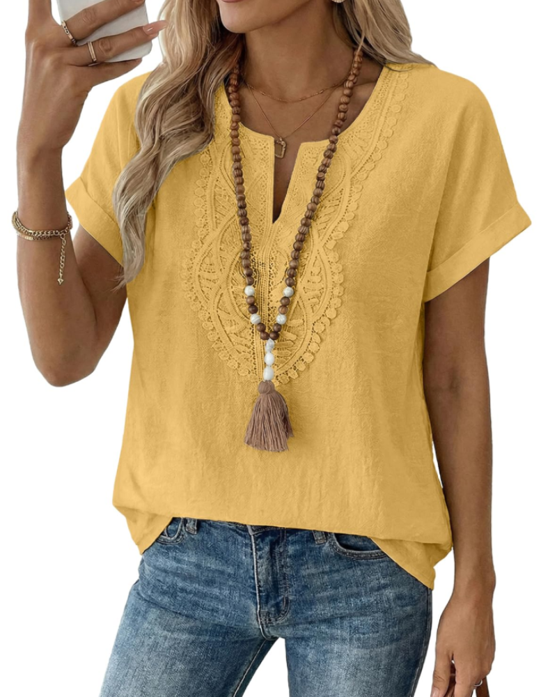 Aelina Women's Blouse – Bohemian V-Neck Top with Lace & Elegant Loose Fit