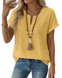 Aelina Women's Blouse – Bohemian V-Neck Top with Lace & Elegant Loose Fit
