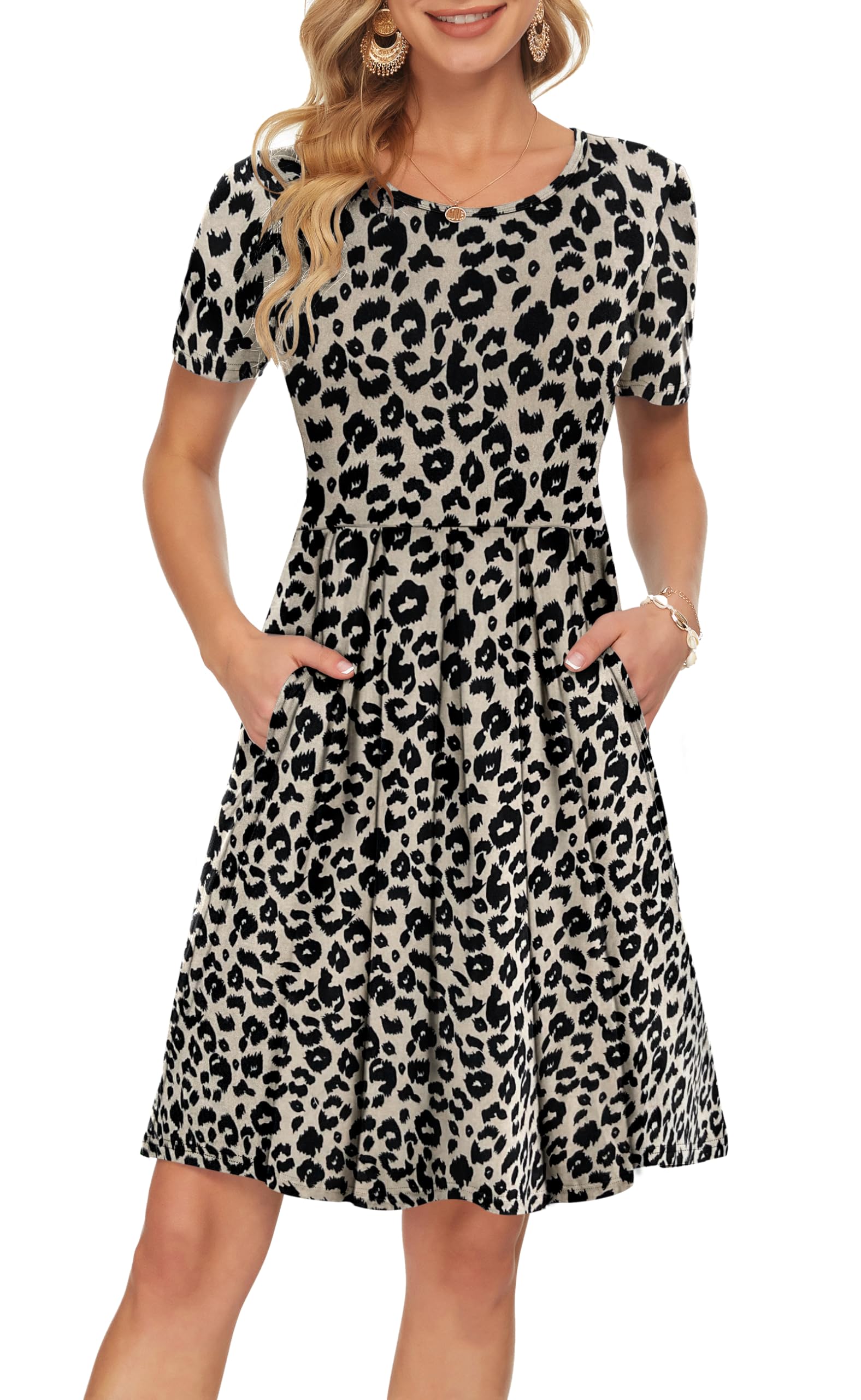 Sylphine Women's Dress – Short Sleeves, Loose Pleated Fit & Knee-Length Pockets