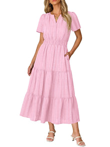 Ruma Women's Dress – V-Neck Short Sleeves, A-Line Maxi Cut & Elastic Waist with Pockets