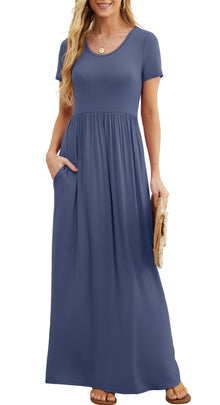 Bridget Maxi Dress for Women – Solid Round Neck, Flowing Fit & High Waist with Pockets Summer