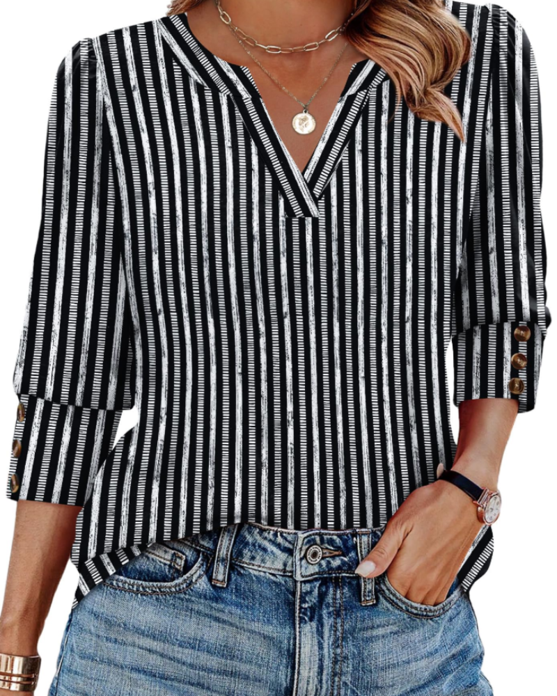 Zeline Women's Blouse – V-Neck Top with 3/4 Sleeves, Buttons & Business Casual Style