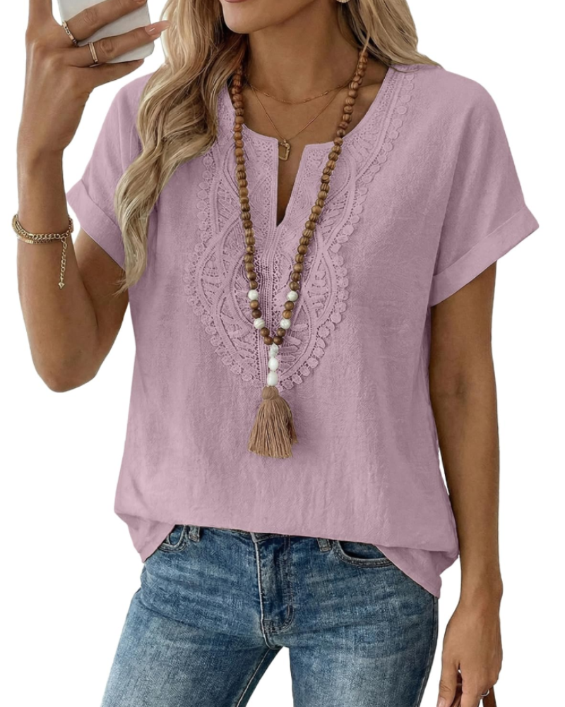 Aelina Women's Blouse – Bohemian V-Neck Top with Lace & Elegant Loose Fit