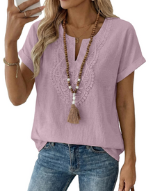 Aelina Women's Blouse – Bohemian V-Neck Top with Lace & Elegant Loose Fit