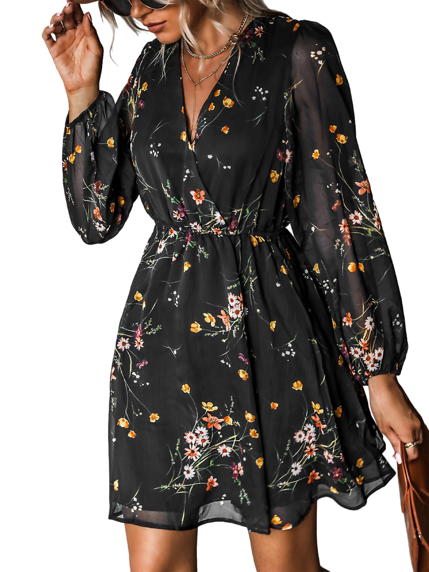 Nerina Robe Cupshe Women – Floral V-Neck Wrap, Long Sleeves & Elegant Mini Cut