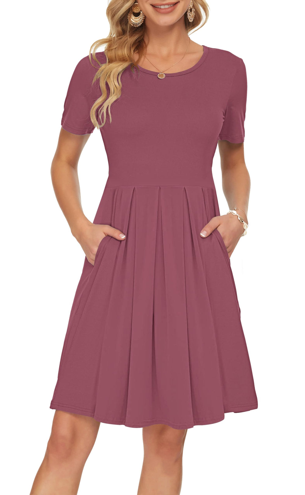 Sylphine Women's Dress – Short Sleeves, Loose Pleated Fit & Knee-Length Pockets