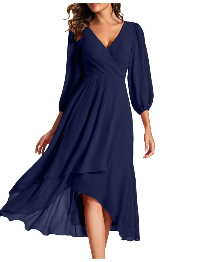 Haynie Women's Dress – Elegant Midi Dress with V-Neck, 3/4 Sleeves, Chic Flowing Cut, Summer