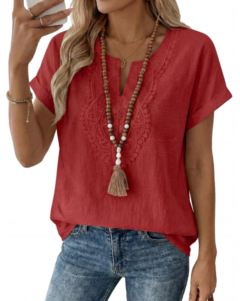 Aelina Women's Blouse – Bohemian V-Neck Top with Lace & Elegant Loose Fit