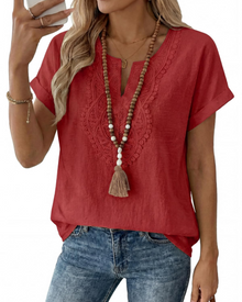 Aelina Women's Blouse – Bohemian V-Neck Top with Lace & Elegant Loose Fit