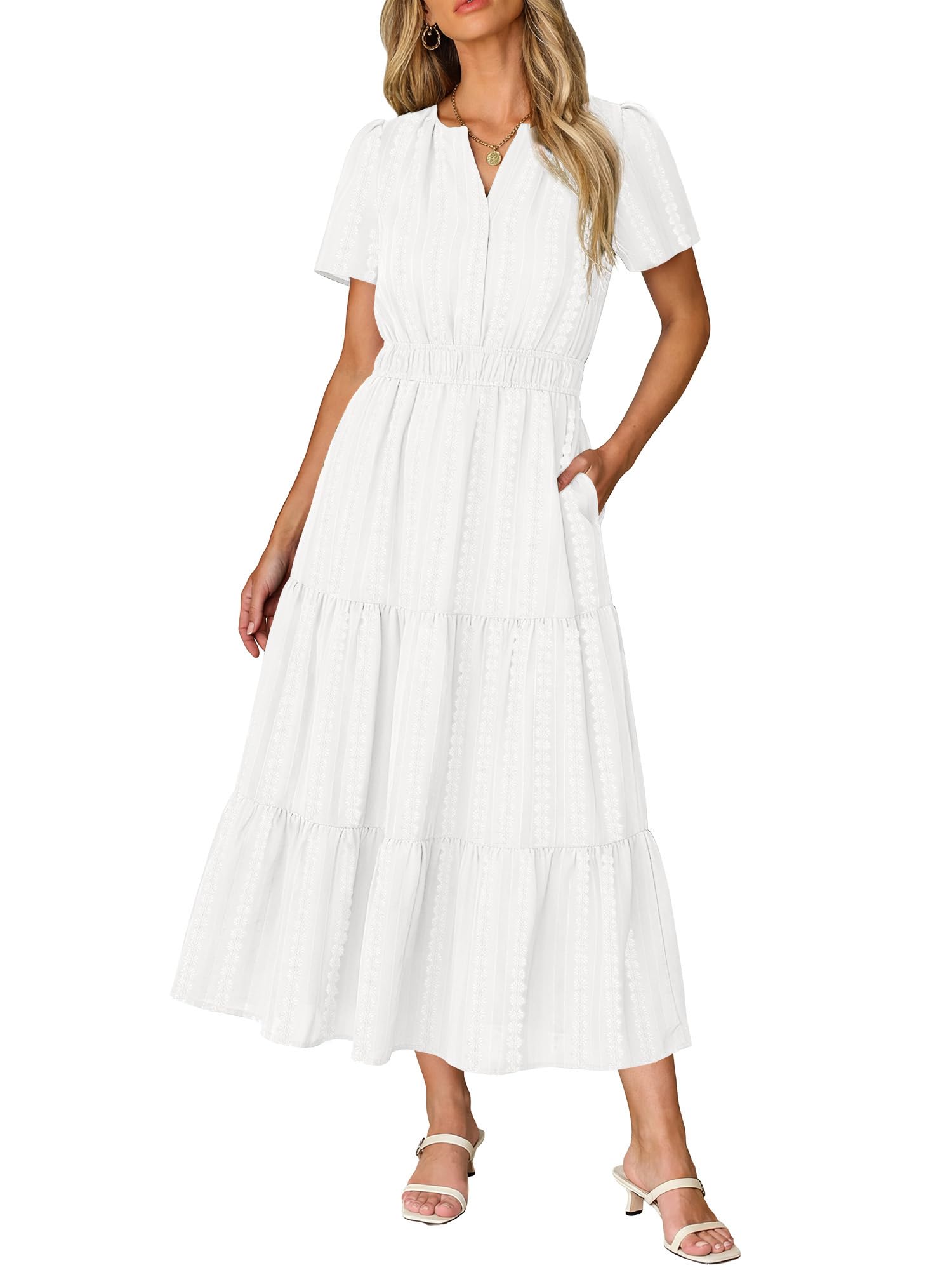 Ruma Women's Dress – V-Neck Short Sleeves, A-Line Maxi Cut & Elastic Waist with Pockets