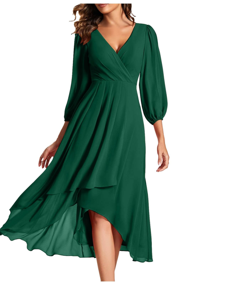 Haynie Women's Dress – Elegant Midi Dress with V-Neck, 3/4 Sleeves, Chic Flowing Cut, Summer