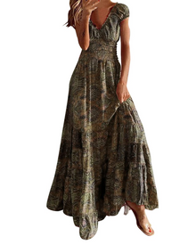 Cecilia Long Dress for Women – Elegant Summer Bohemian Floral V-Neck Sleeveless Flowing Fit Dress