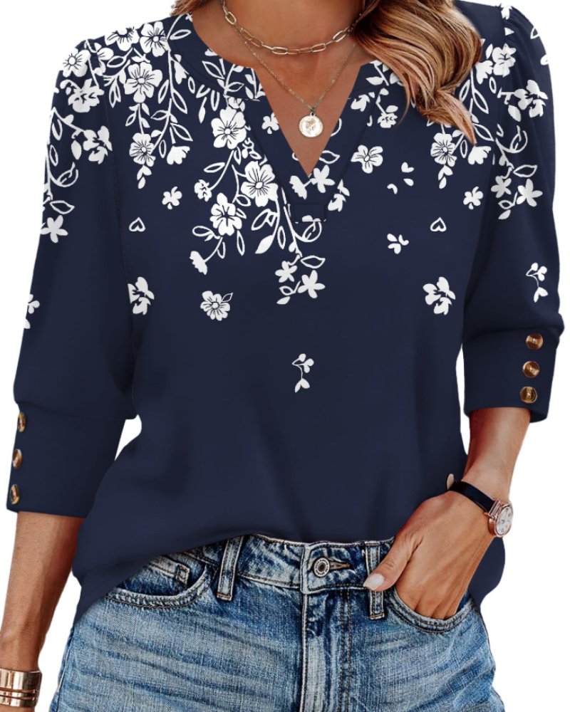 Zeline Women's Blouse – V-Neck Top with 3/4 Sleeves, Buttons & Business Casual Style