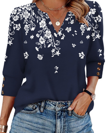 Zeline Women's Blouse – V-Neck Top with 3/4 Sleeves, Buttons & Business Casual Style