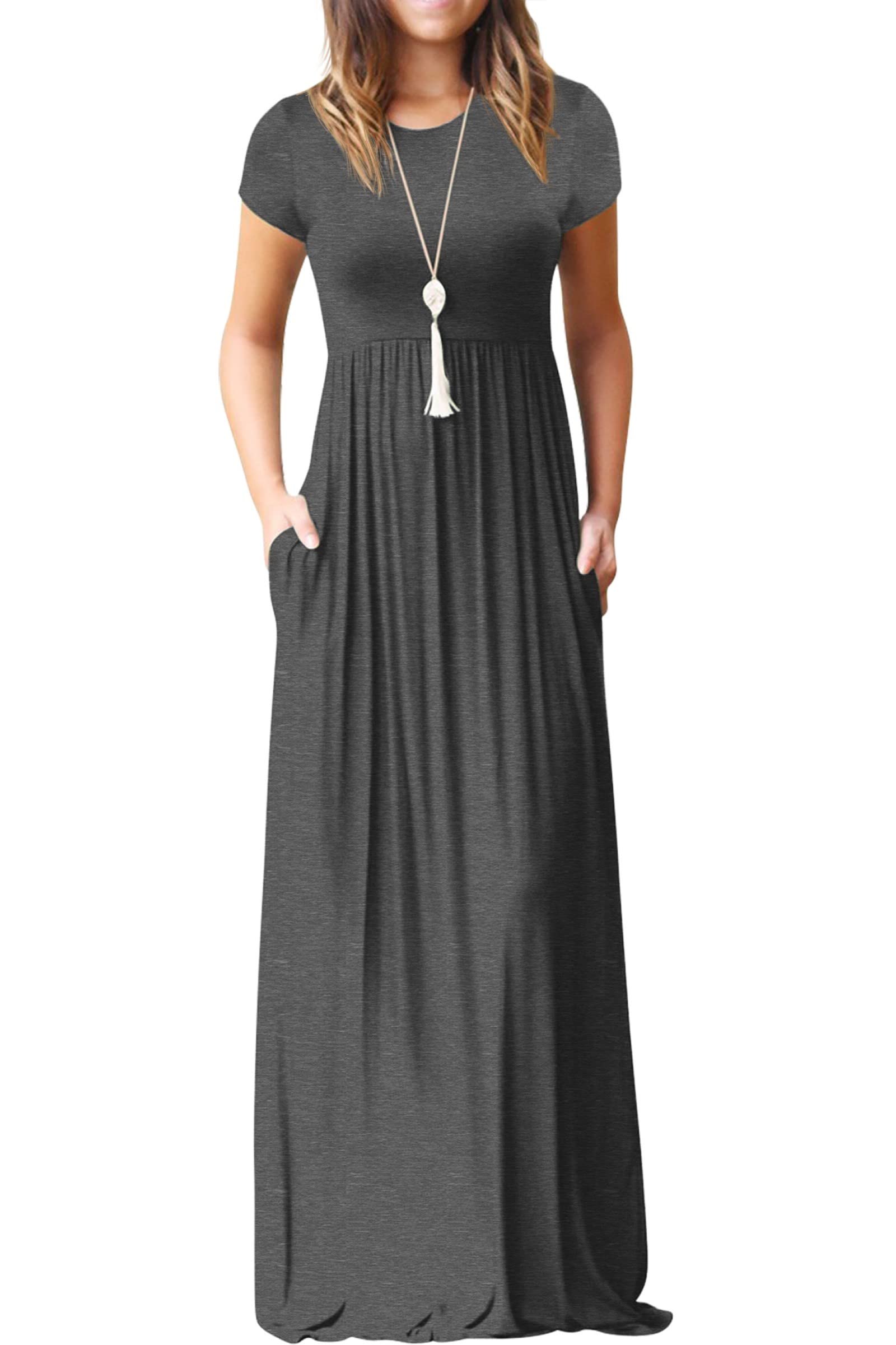 Bridget Maxi Dress for Women – Solid Round Neck, Flowing Fit & High Waist with Pockets Summer