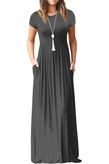 Bridget Maxi Dress for Women – Solid Round Neck, Flowing Fit & High Waist with Pockets Summer