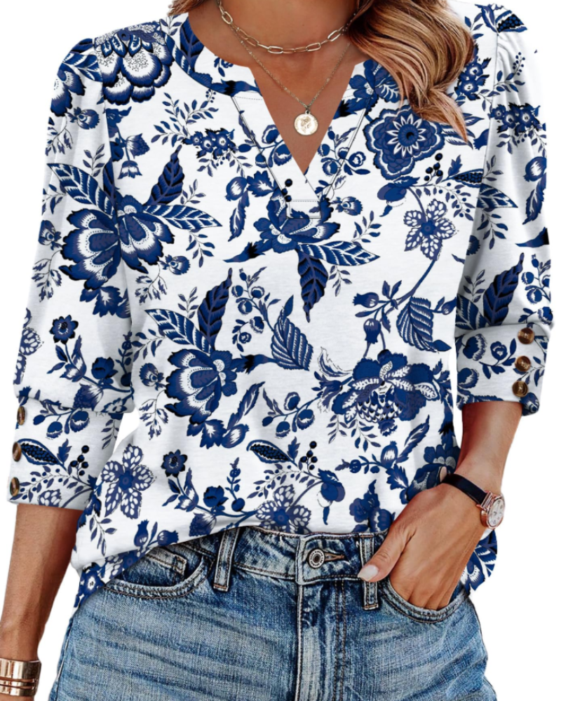 Zeline Women's Blouse – V-Neck Top with 3/4 Sleeves, Buttons & Business Casual Style