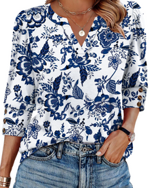 Zeline Women's Blouse – V-Neck Top with 3/4 Sleeves, Buttons & Business Casual Style