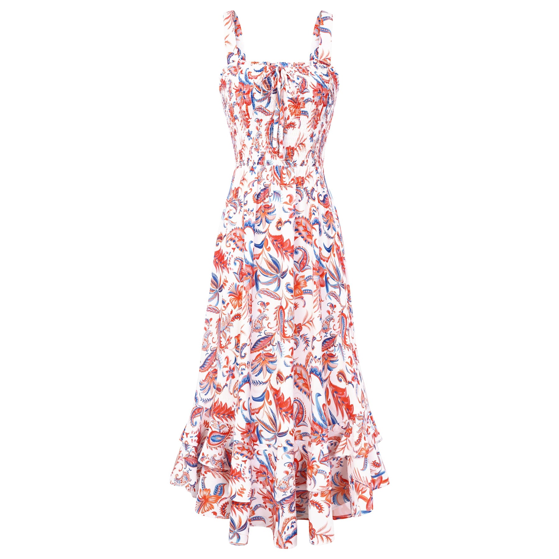 Mildred Women's Maxi Dress – Square Neck, Straps, Smocked A-Line Cut & Ruffled Hem Summer