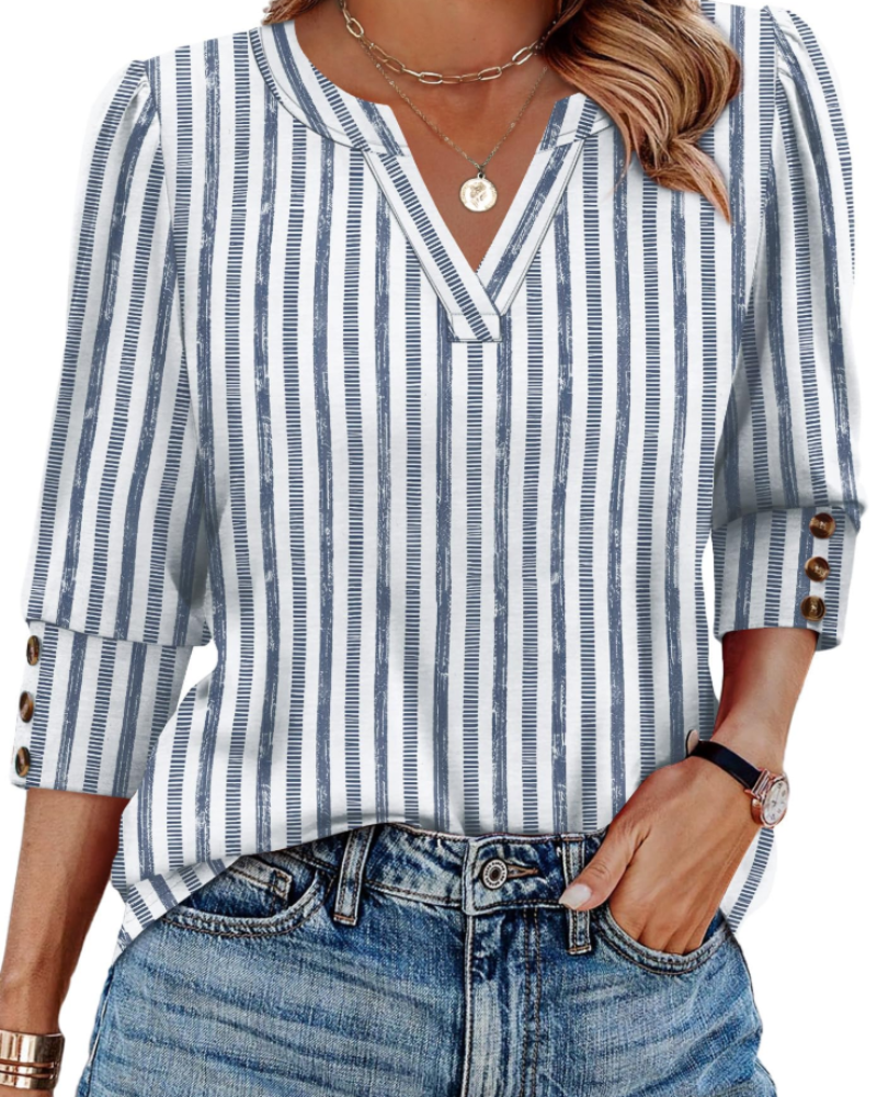Zeline Women's Blouse – V-Neck Top with 3/4 Sleeves, Buttons & Business Casual Style