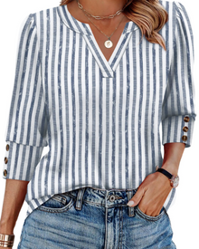 Zeline Women's Blouse – V-Neck Top with 3/4 Sleeves, Buttons & Business Casual Style