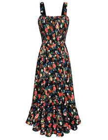 Mildred Women's Maxi Dress – Square Neck, Straps, Smocked A-Line Cut & Ruffled Hem Summer